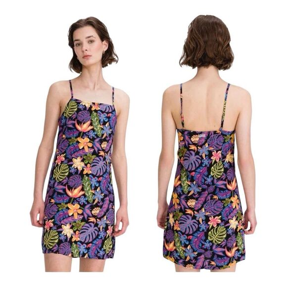 Vans Floral Slip Dress Tropical Sundress Black Neon Sleeveless size M - Picture 1 of 9
